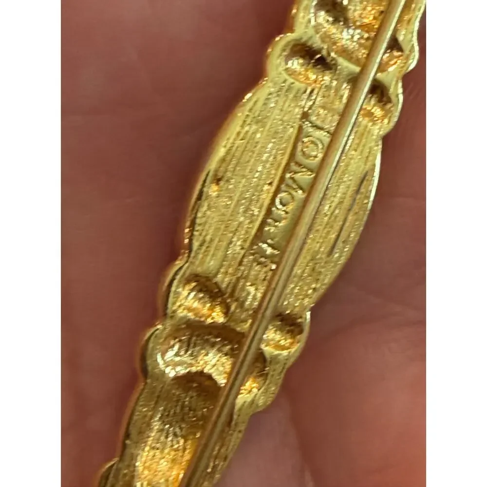 Vintage Monet Gold-tone bar brooch/pin blue domed cabochon center